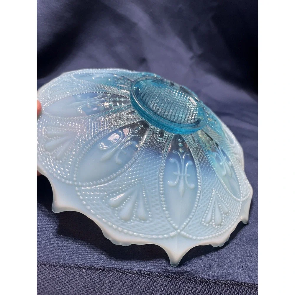 Vintage Blue Opalescent Glass Candy Serving Dish Fleur-de-lis Design - Picture 7 of 10